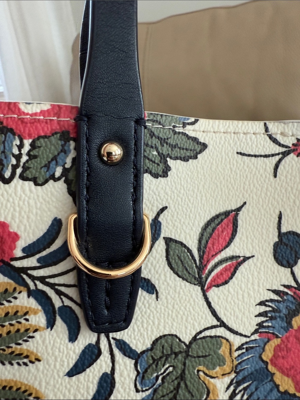 Tory Burch Floral Print Tote Bag with Navy Handles - Cream & Multicolor - Picture 13 of 15